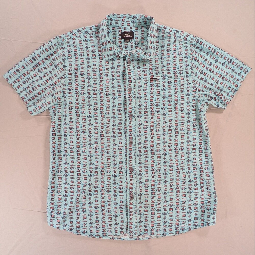 O'Neill Mens Shirt Short Sleeve Modern Fit Buttons Geometric Turquoise Size L
